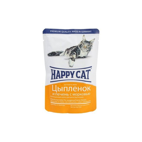 Паучи Happy Cat Цыпленок и печень с морковью кусочки в желе для взрослых кошек 100г (1002308)