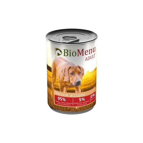 Консервы BioMenu Adult Мясное ассорти 95% говядина,курица,баранина и мясные компоненты для собак 410г