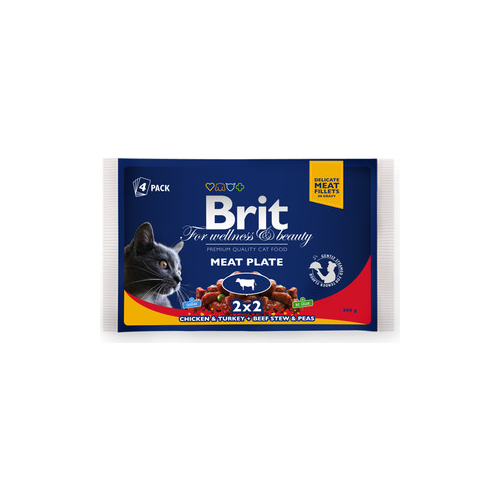 Паучи Brit Premium Cat Meat Plate мясная тарелка говядина с горошком и курица с индейкой для кошек набор 4шт*100г (100312)