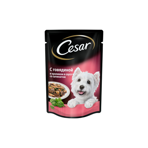 Паучи Cesar аппетитные блюда из говядины и кролика в соусе со шпинатом для собак всех пород 100г (10109431)