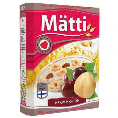 Каша овсяная Matti изюм и орех 6х40 г