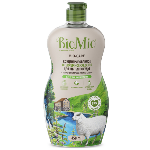 Гипоаллергенное эко средство для мытья посуды, овощей и фруктов BioMio BIO-CARE Концентрат, МЯТА, 450 мл