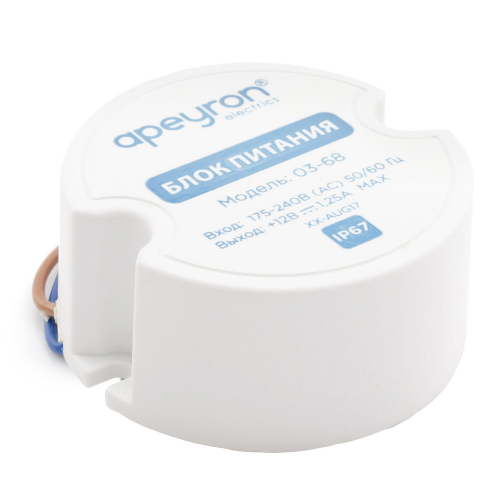 Блок питания Apeyron 12 В, 15 Вт, IP67, 1,25А, пластик, 49х49 мм
