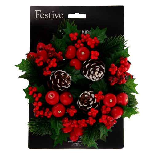 Кольцо Festive для свечи с ягодами и шишками 20см