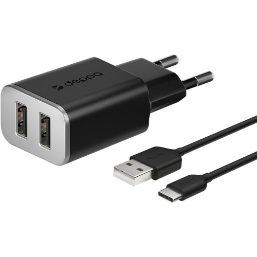 Сетевое зарядное устройство Deppa 2 USB 2,4 А кабель USB Type-C черный 11382