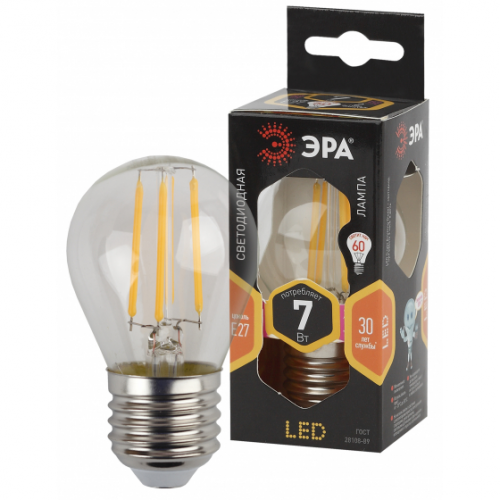Лампа ЭРА F-LED P45-7w-827-E27 филаментная шарик теплый свет