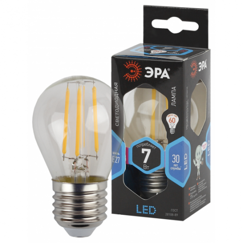 Лампа ЭРА F-LED P45-7w-840-E27 филоветнтаня шарик холодный свет