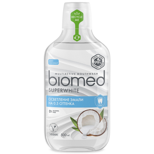 Антибактериальный ополаскиватель для полости рта бережное отбеливание BIOMED SUPERWHITE Кокос, 500 мл
