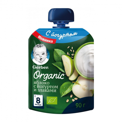 Пюре фруктово-молочное Gerber Organic Яблоко с йогуртом и злаками 90 г