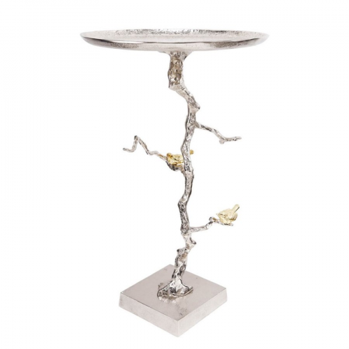 Столик приставной Glasar серебристого цвета с золотыми птичками на ветке 43x43x71 см