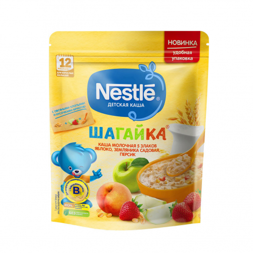 Каша молочная Nestle «Шагайка» 5 злаков с кусочками яблока, земляники садовой и персиком с 12-ти меcяцев 200 г