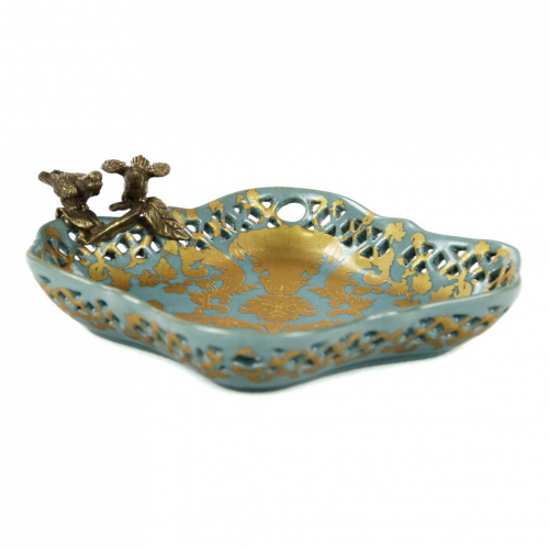 Блюдо Glasar фарфоровое с бронзовыми птичками 21,5x19x6см