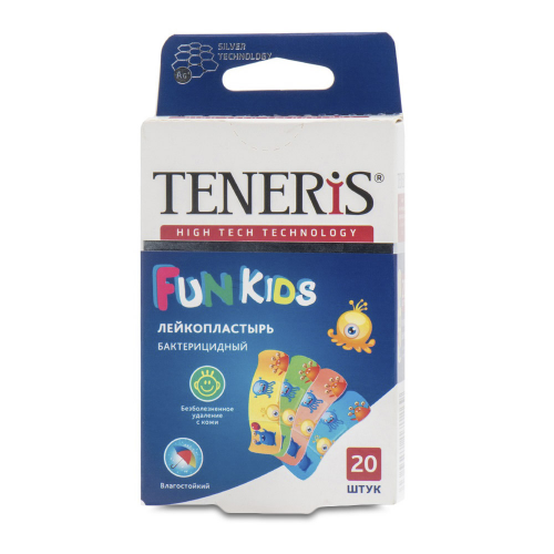 Лейкопластырь TENERIS FUN KIDS бактерицидный с ионами серебра на полимерной основе с рисунками 20 шт