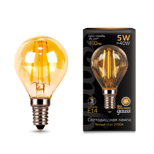 Лампа Gauss LED Filament Globe E14 5W Golden 400lm 2700K 1/10/50 LM