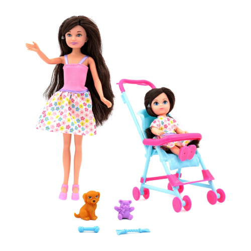 Кукла Funky Toys Мила с куклой Вики в коляске и собачкой 23 см, 12 см