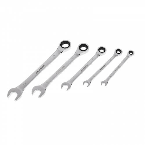 Набор ключей комбинированных трещоточных Rexant 12-4841-1 (8, 10, 13, 17, 19 мм), 5 шт., CrV, зеркальное хромирование